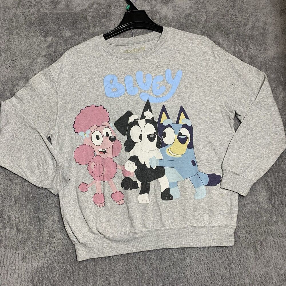 Bluey Sweatshirt Unisex XL Gray Graphic Puff Print Best Buddies PulloverCrewneck